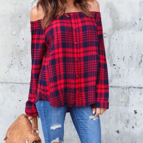 Chic Nation Sweaters - ❤️🌲❗️ Plaid off shoulder top